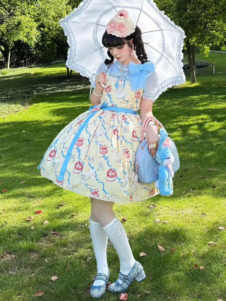 Süßes Lolita-Kleid, süßer Showa-Pullover, gelber Kitty-Creme-Print-Rock, flauschig