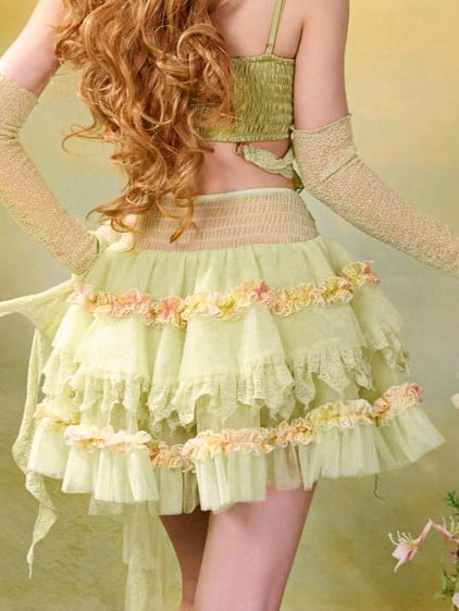 Green Fairycore Mori Layered Lace Skirt with Asymmetrical Hem - Virtual Orbit