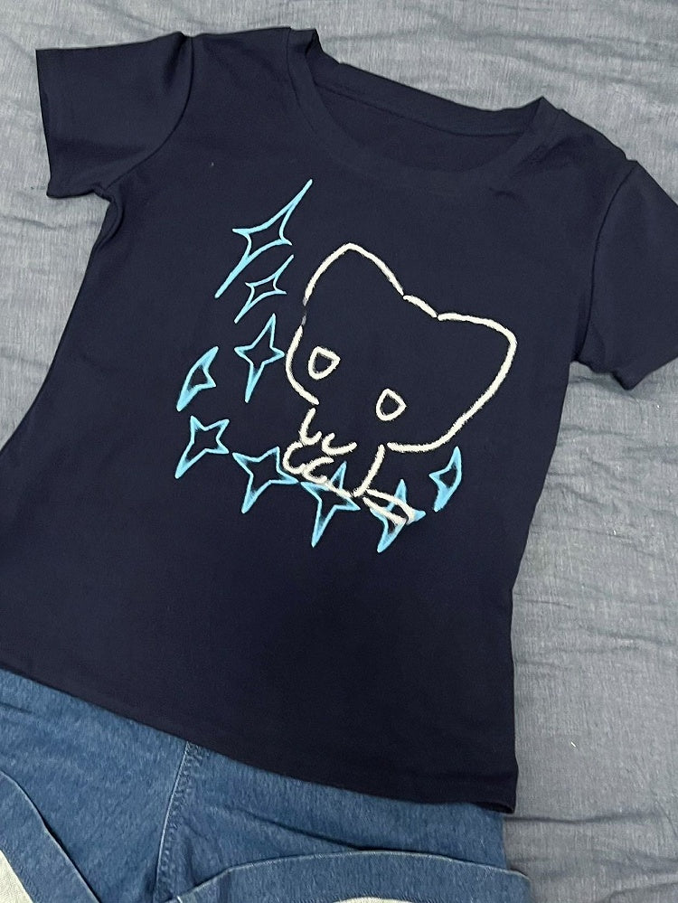 ラウンドスターブルーネックキャットTシャツダークケイジライプリントと