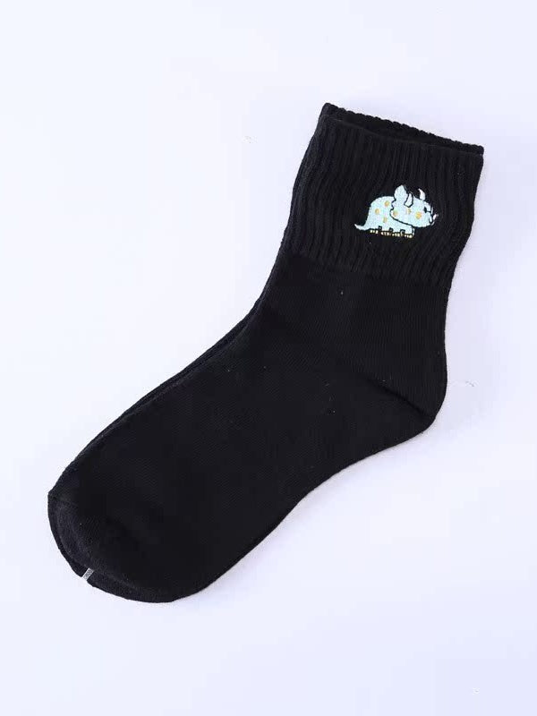 キャラメル/ホワイト/ブラックのキュートなサイの刺繍入りカーフソックス