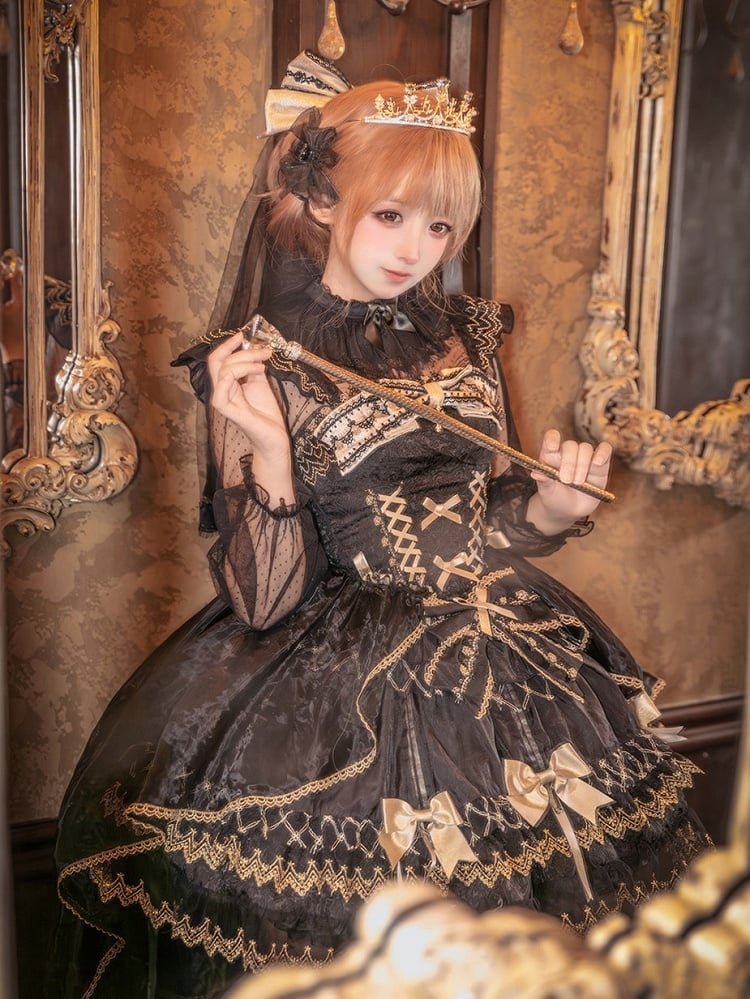 Tulle Lolita Tiered Jacquard Gorgeous with Overlay Black Gold JSK Gothic