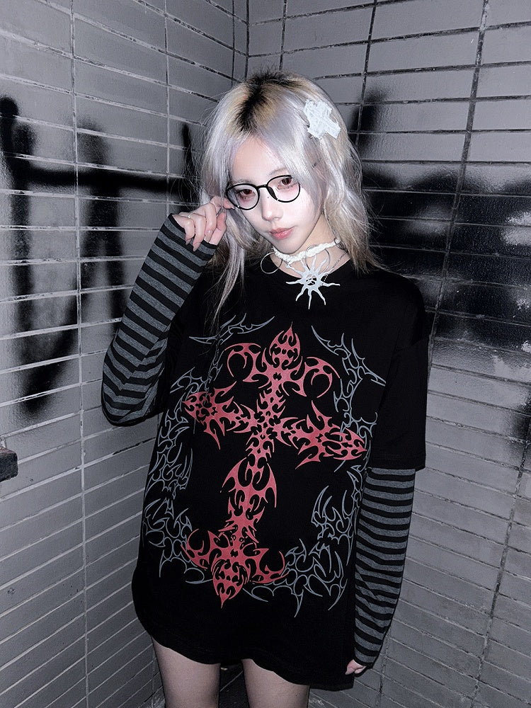 Black Print Top in Faux Two-Piece Cross Blood Striped Design with Sleeves Gothic
