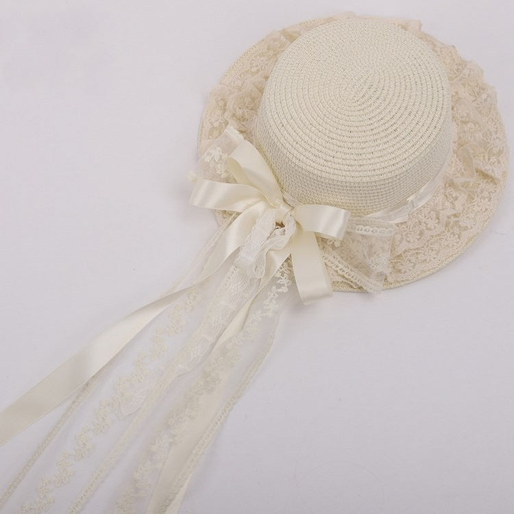 Beige Bowknot Details Straw Lace Lolita Sweet Hat