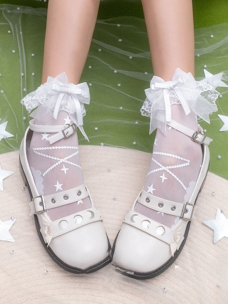 Star Socks Trim White Ankle Print Lace Sweet