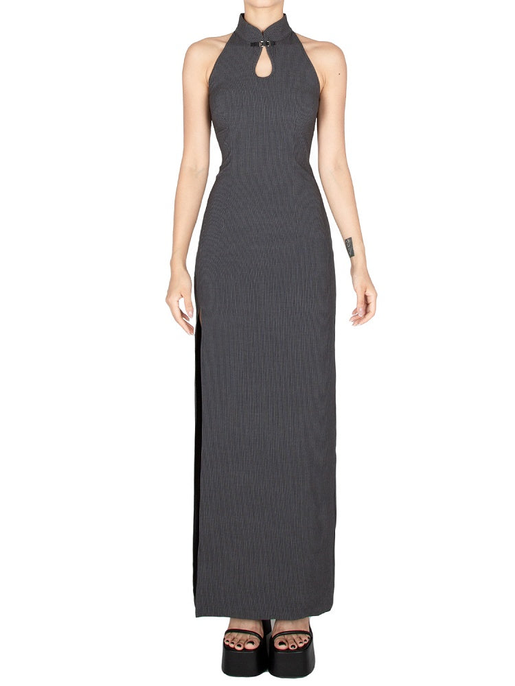 ダークグレーの太もも丈スリット入りグラマラスノースリーブチャイナドレス