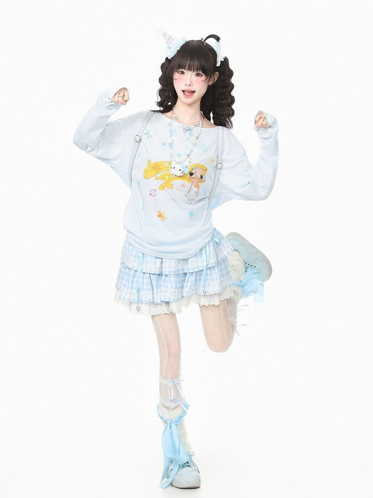 Blue Breathable Long Sleeve Top with Cartoon Girl Print - Languid Park
