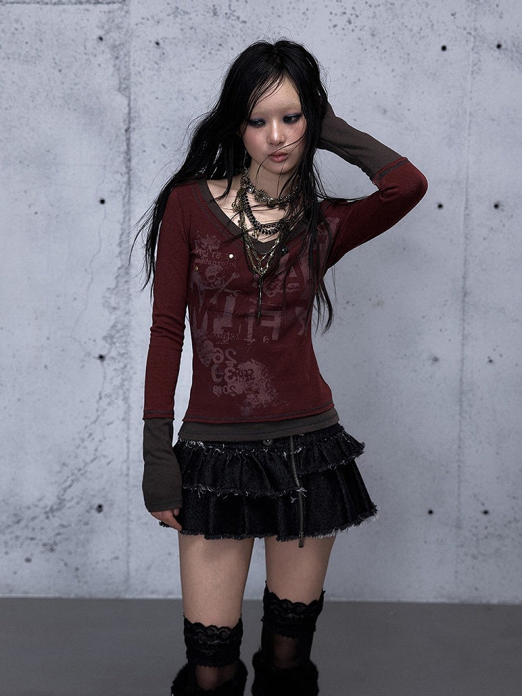 Top Patchwork Design Long Red Rock Sleeve Punk Wine Print with Letter