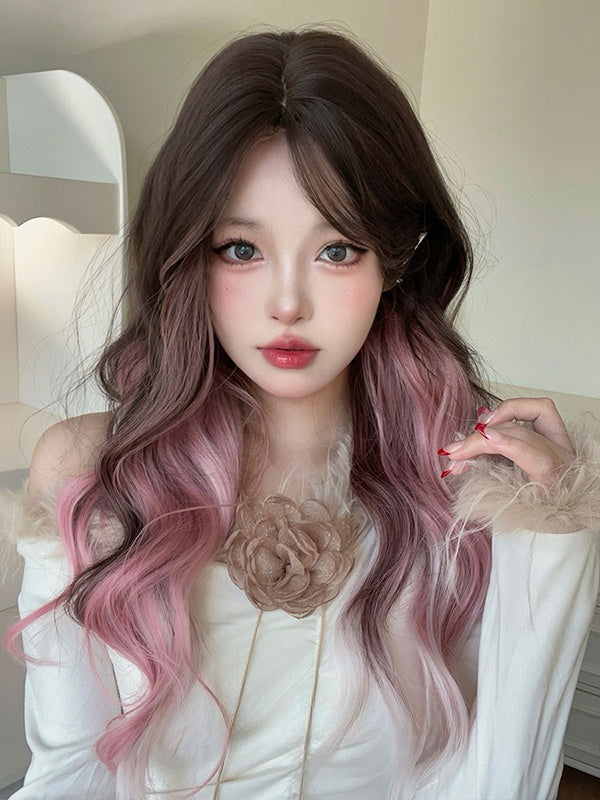 ピンクブラックのオンブレロングウェーブ合成ウィッグ(カーテンバング付き)