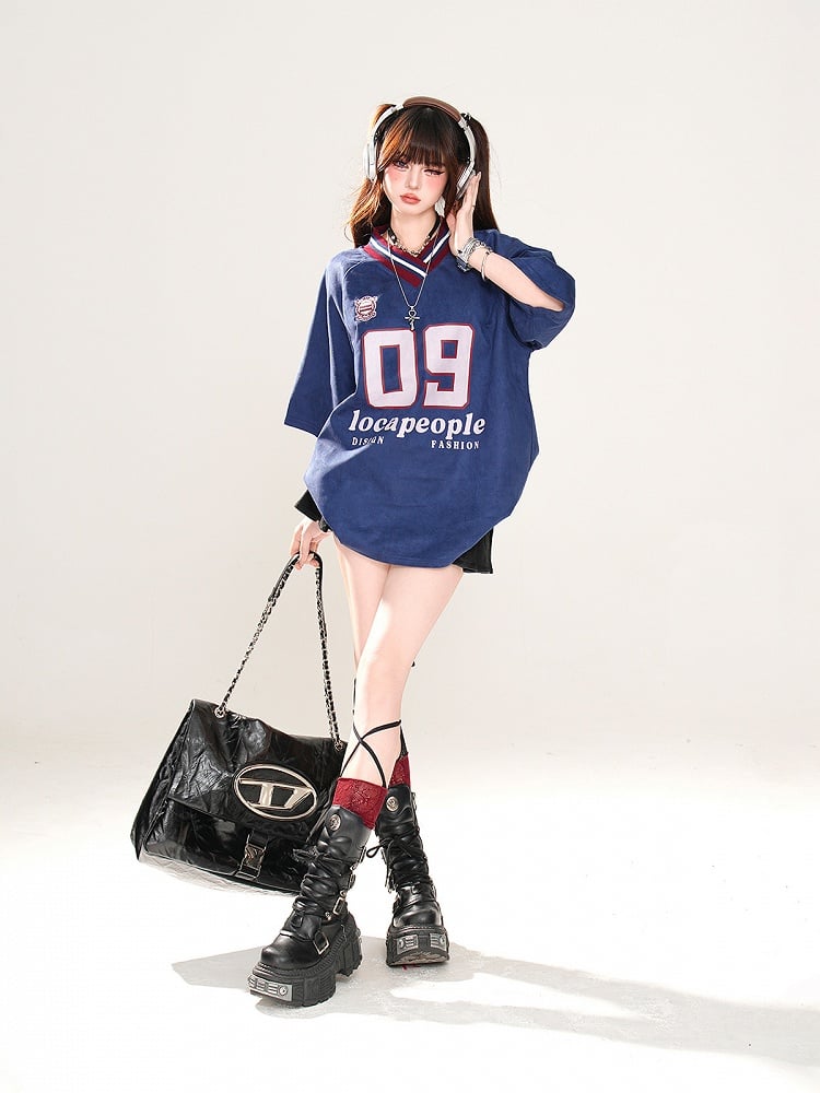 Loose T-Shirt Print Sports Khaki/Navy Blue Preppy Style V-Neck Number