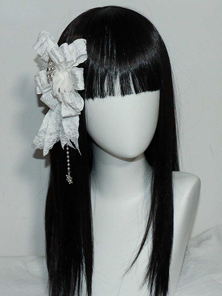 Schneeakzente, weiße Charm-Haarspange/Brosche mit Perlen und Strasssteinen und Schleife, Lolita Gothic
