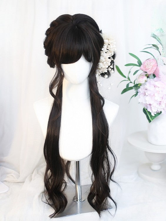 Black 65-70CM Tea Bangs With Side-swept Wig Length Wavy