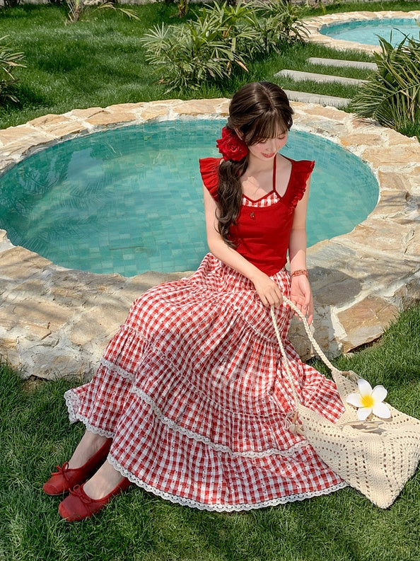 Red Halter Neck Flutter Sleeves Cherry Embroidery Neckline Faux Two-pieces Tank Top