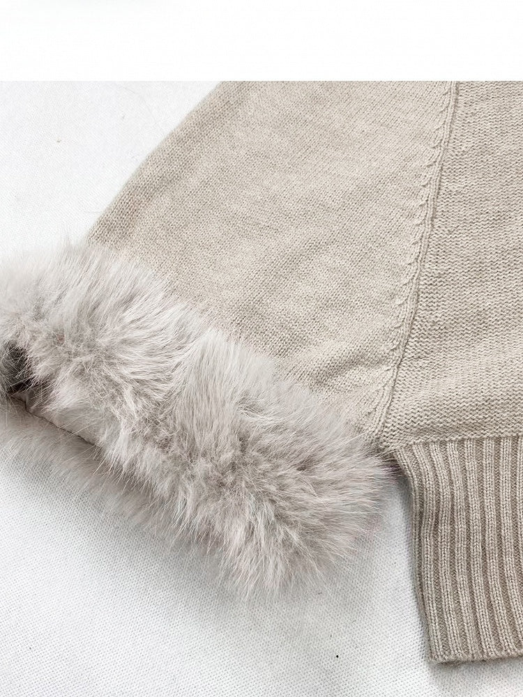 Batwing Sleeve Sweater Design Plush Neck Turtle - Cuff Beige