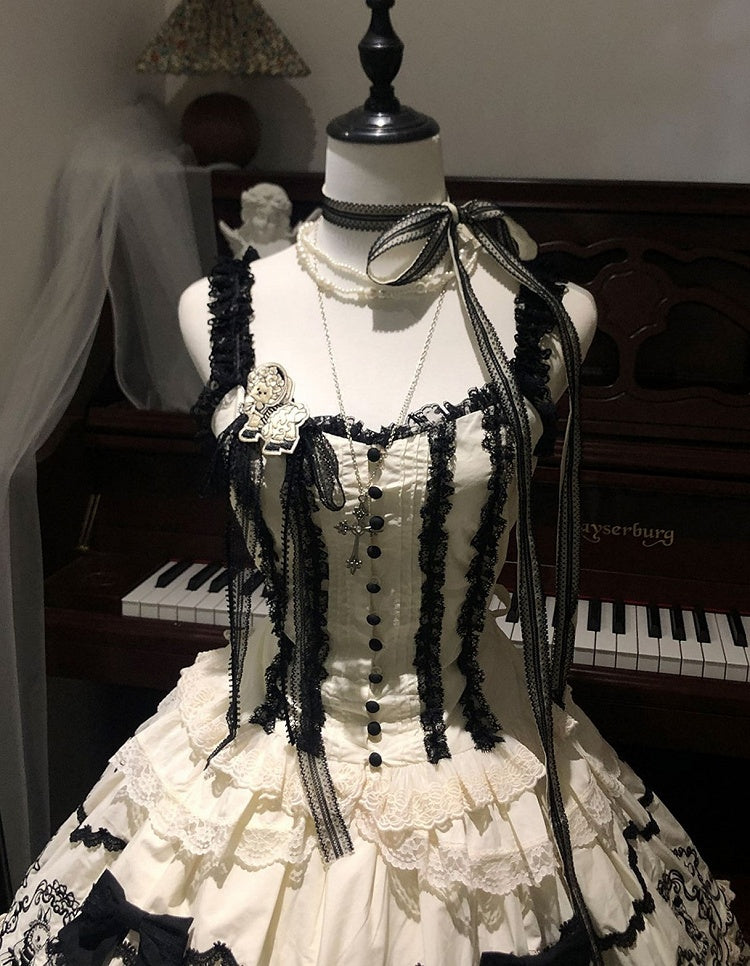 Elegant Lace-Accented Top Black Camisole White Lolita
