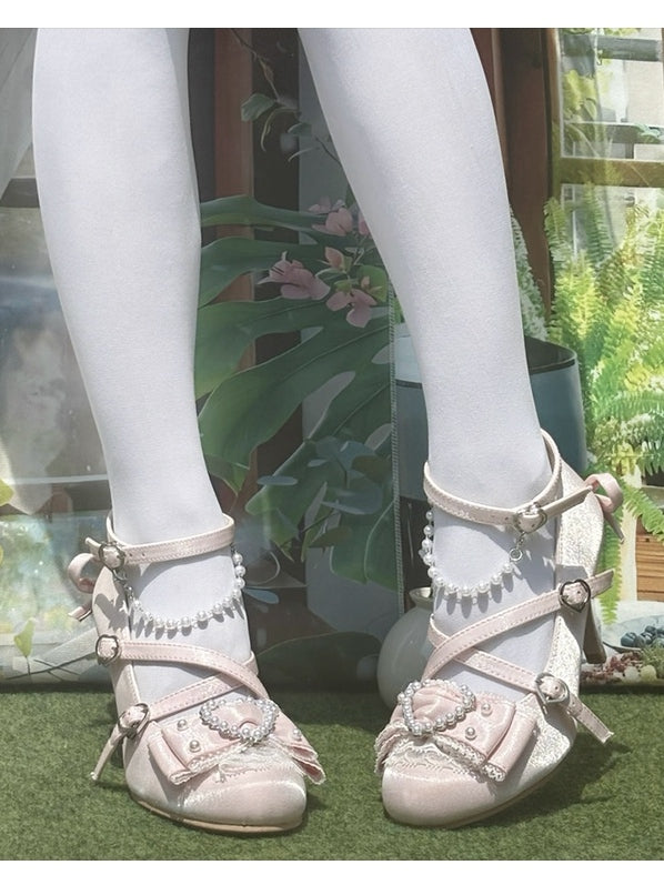 Pink at Top Beads Details Bow High-heel Shoes Sweet Heart Aceents