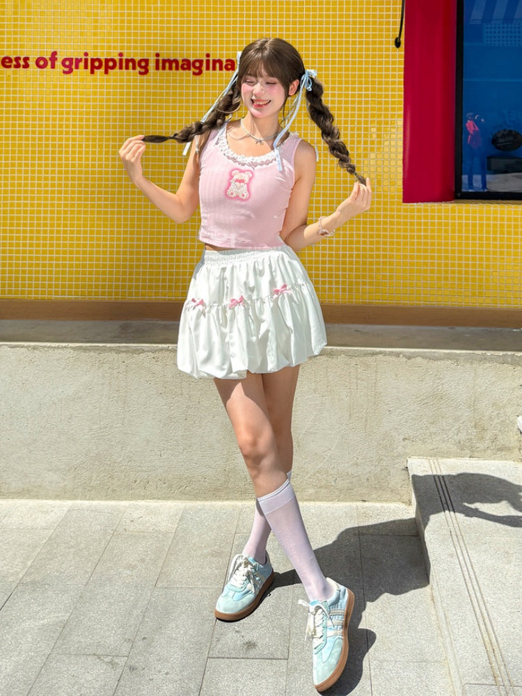 Süßes Tanktop mit rosa Teddybär-Print und Spitzenbesatz