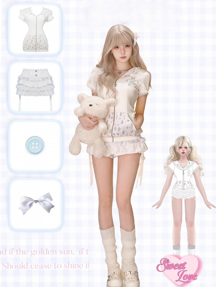 Lace Bunny-Ear Short Trim Cross Print Hoodie with Sleeve White and