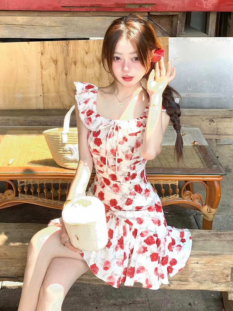 White Holiday Dress with Red Rose Print - Qchiwawameme