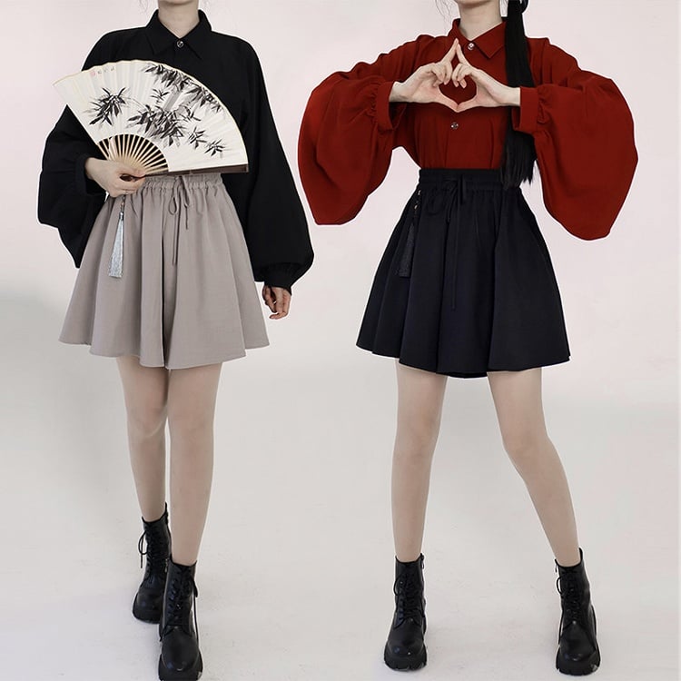 Gray Drawstring Elastic Waist Skort with Tassel Decoration - Feng Hua Gui Guo Ling
