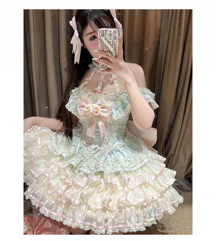 Stufenrock Neckholder Kei Fee Rüschen Hals Korsett Spitze Prinzessin Kleid Taille Mintgrün