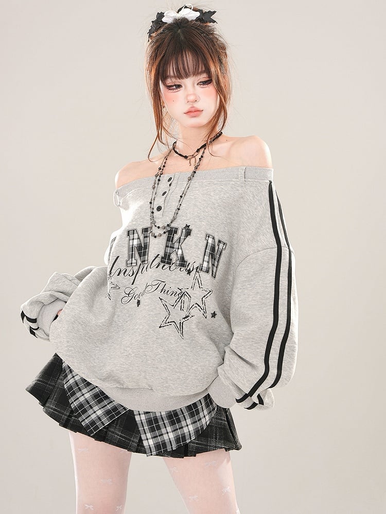 グレーレターパッチ刺繍オフショルダーネックラインスウェットシャツ