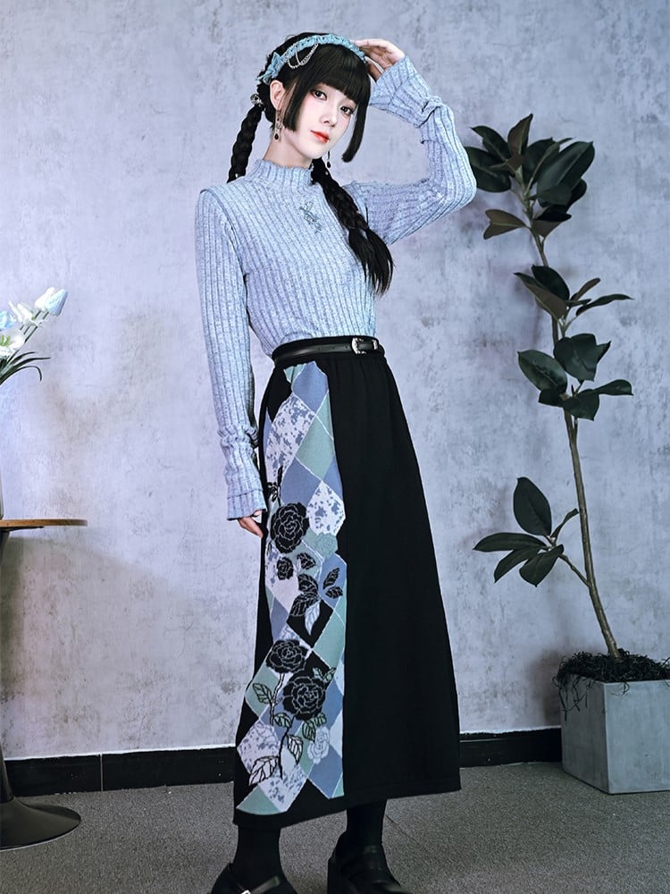 with Cheongsam Jacquard Pattern Skirt Diamond Multicolor Knit Black