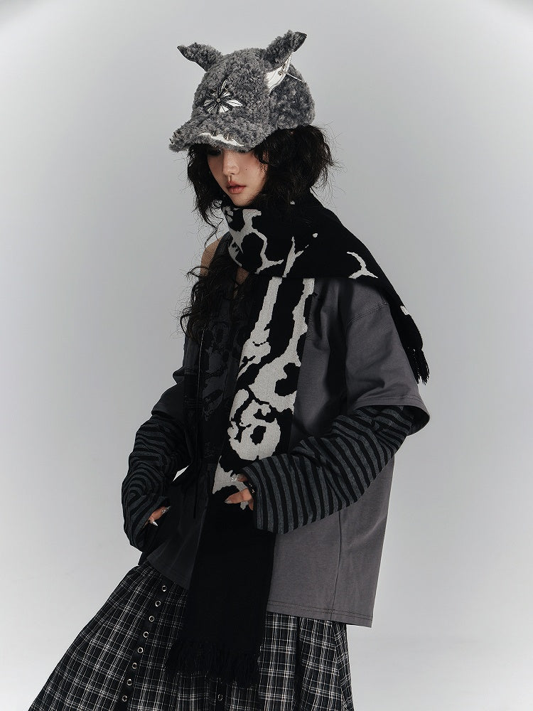 Print Skeleton with Black Scarf Red Punk Text