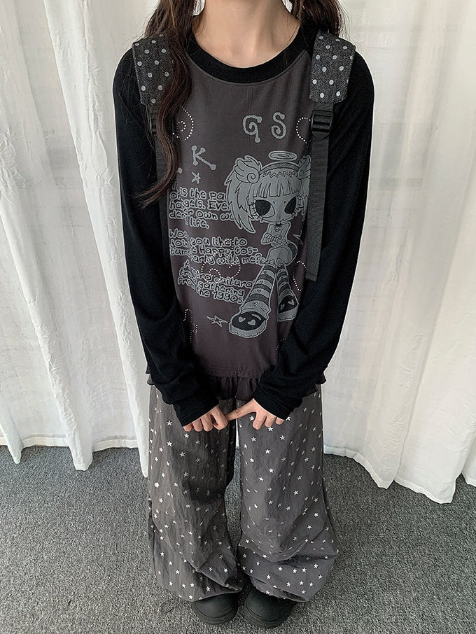 Girl Sleeve Cartoon Gray Pattern T-shirt Colorblock Long with Design