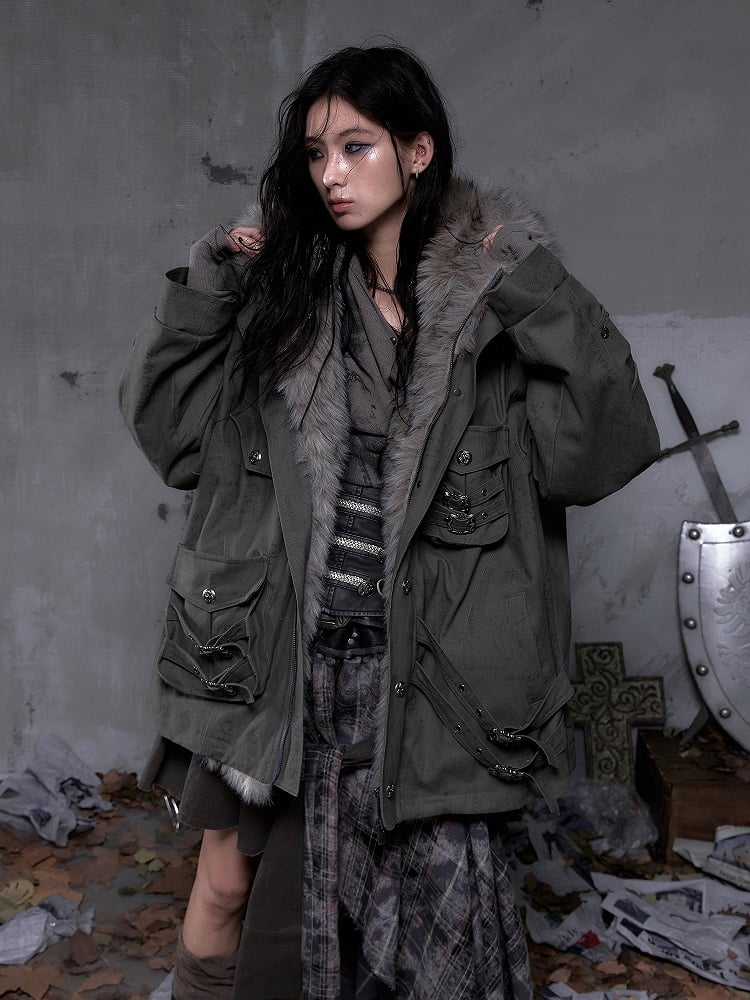 Punk Heavy-Duty Green Diagonal Fuzzy Pockets 3D Coat Dark Hood Straps with