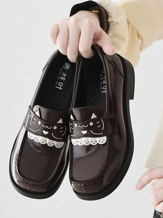 Women's Low Heel Mary Jane School Shoes with Cat Embroidery