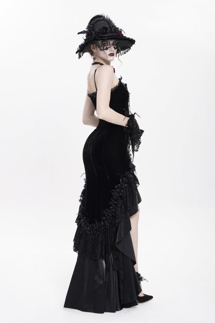 Black Cross Ruffled Floral Embroidered Chain Gothic Slip Dress
