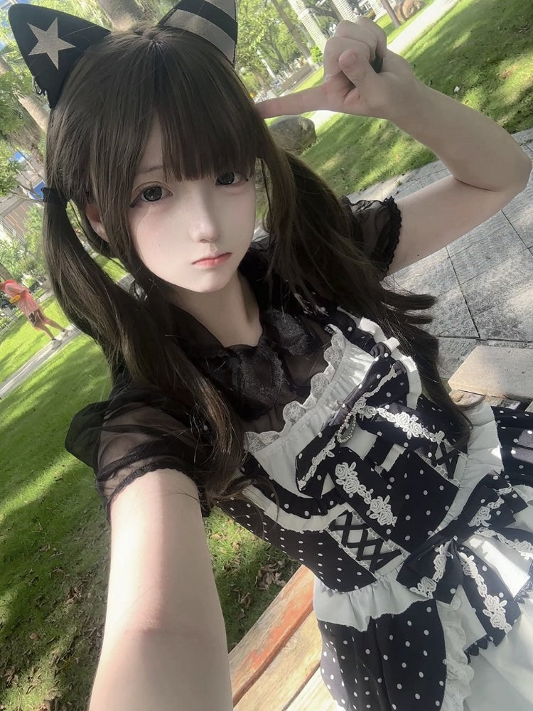 Black and White Polka Dot Elegant Halter Neck Dress / Black Peter Pan Collar Semi-Sheer Tulle Blouse