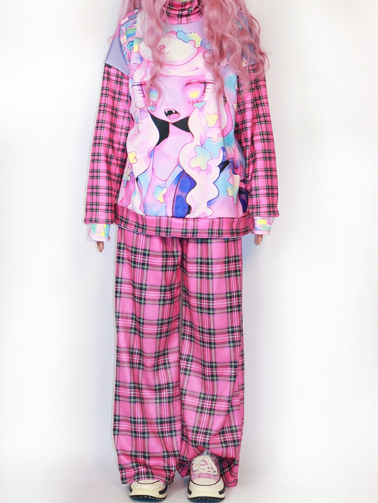 Oversize-Sweatshirt mit Cartoon- und Karomuster Gyaru Rose Fashion Red