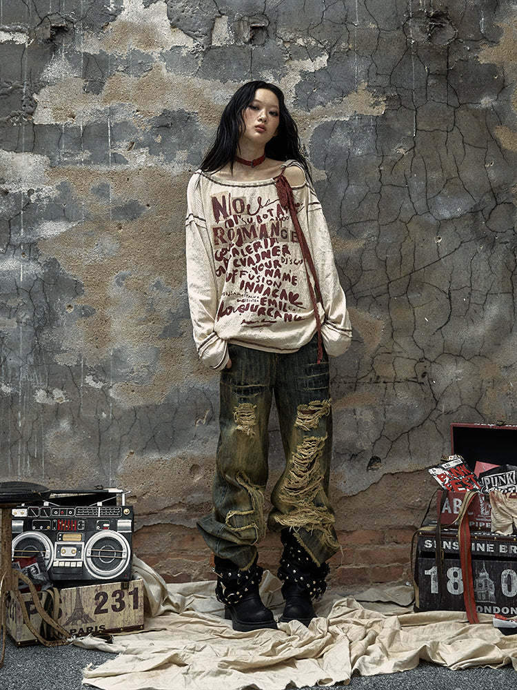 Letter Print Apricot Top Neck Punk Self-tie with Straps Distressed Cutout Wasteland Red