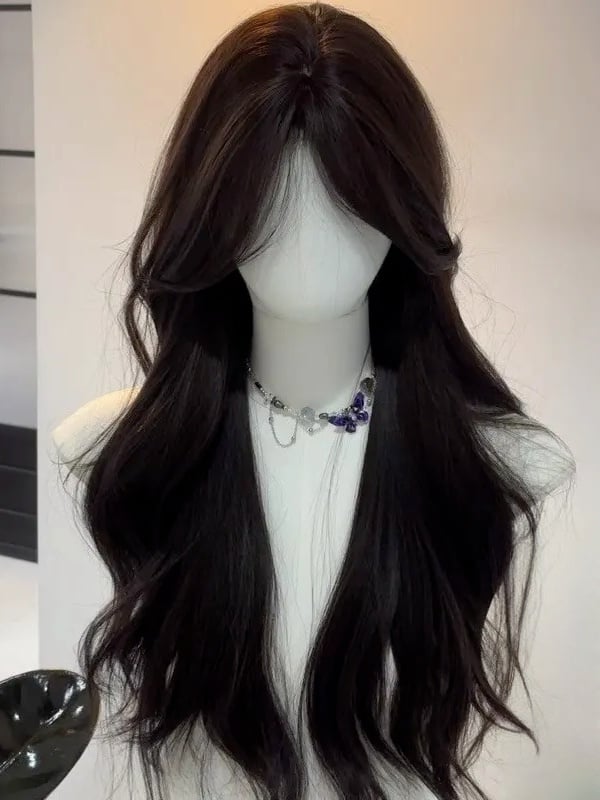 Wavy Curtain Bangs Black Brown with Wig