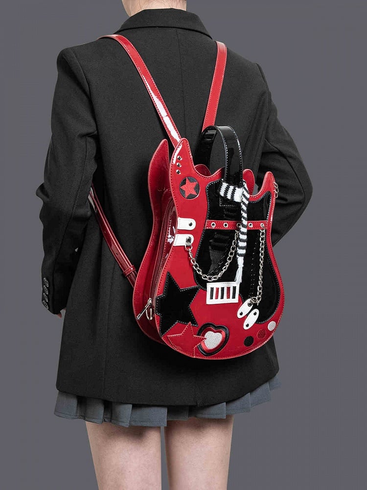 Red Sweetheart Black Guitar-shaped Design Star Embroidered Bag