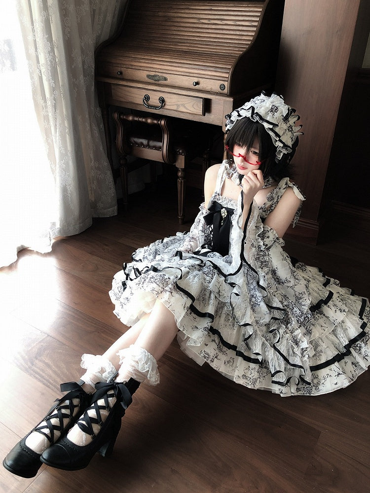 Elegant Hanayome-Style Black & White Porcelain-Inspired 92CM-Length Lolita Princess Dress - Sleepless Star