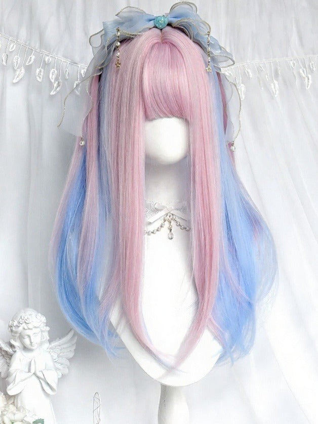 Blue and Pink Ombre 55cm Long Straight Full Bangs Wig - Sinwavy