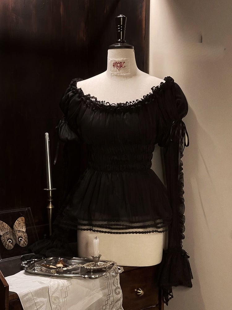 Cuffs Black Blouse Lace Off-the-shoulder Lolita with