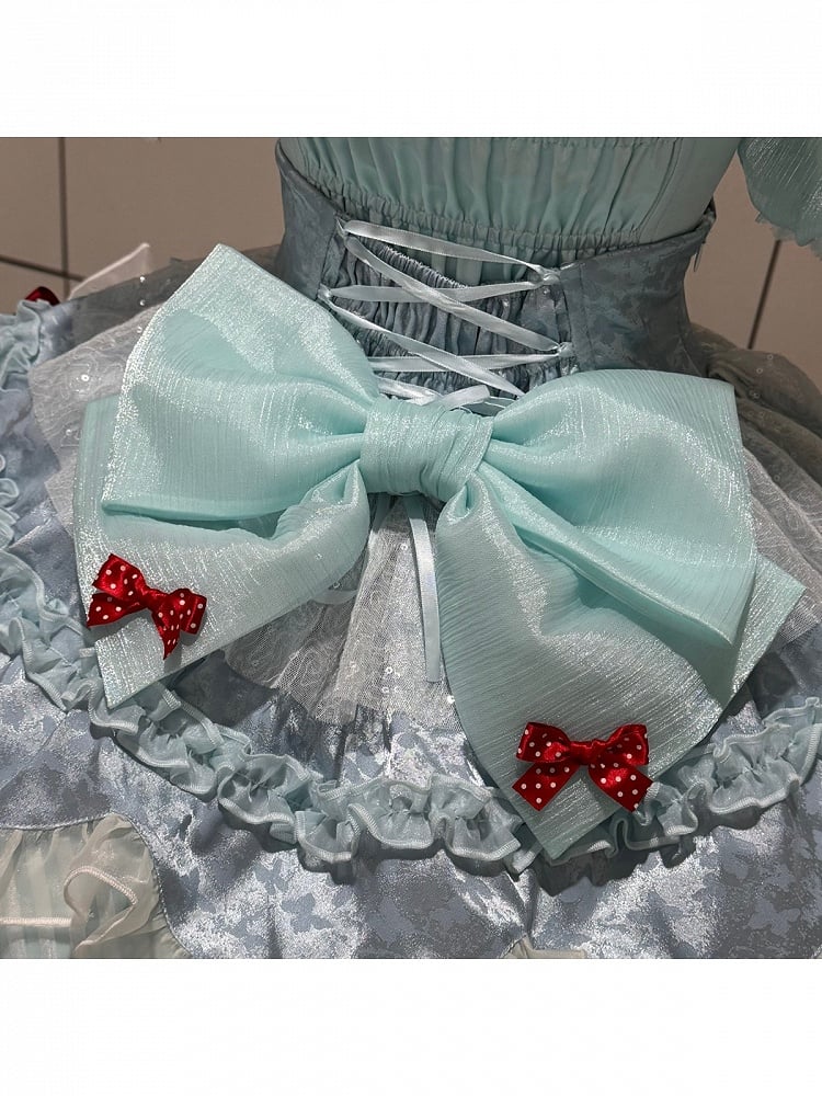 Mint Blue Idol Lolita Top with Flutter Sleeves & High Waist Bubble Skirt Set - Xiao Xin
