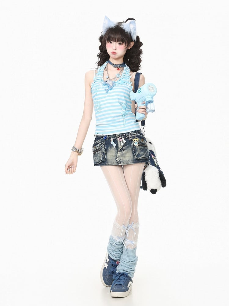 Blue Striped Tank Top with Ruffle Trim and Key Print - Languid Park