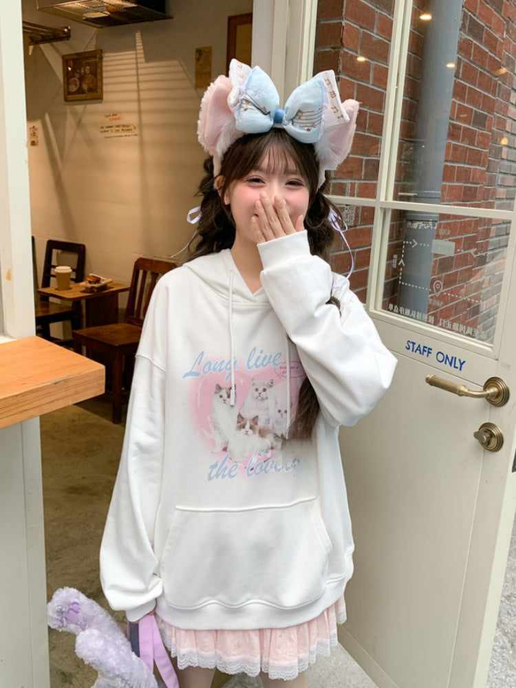 White Cat Print Loose Hoodie