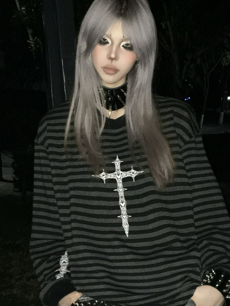 Sweatshirt with Gothic Black Print Gray Striped Cross