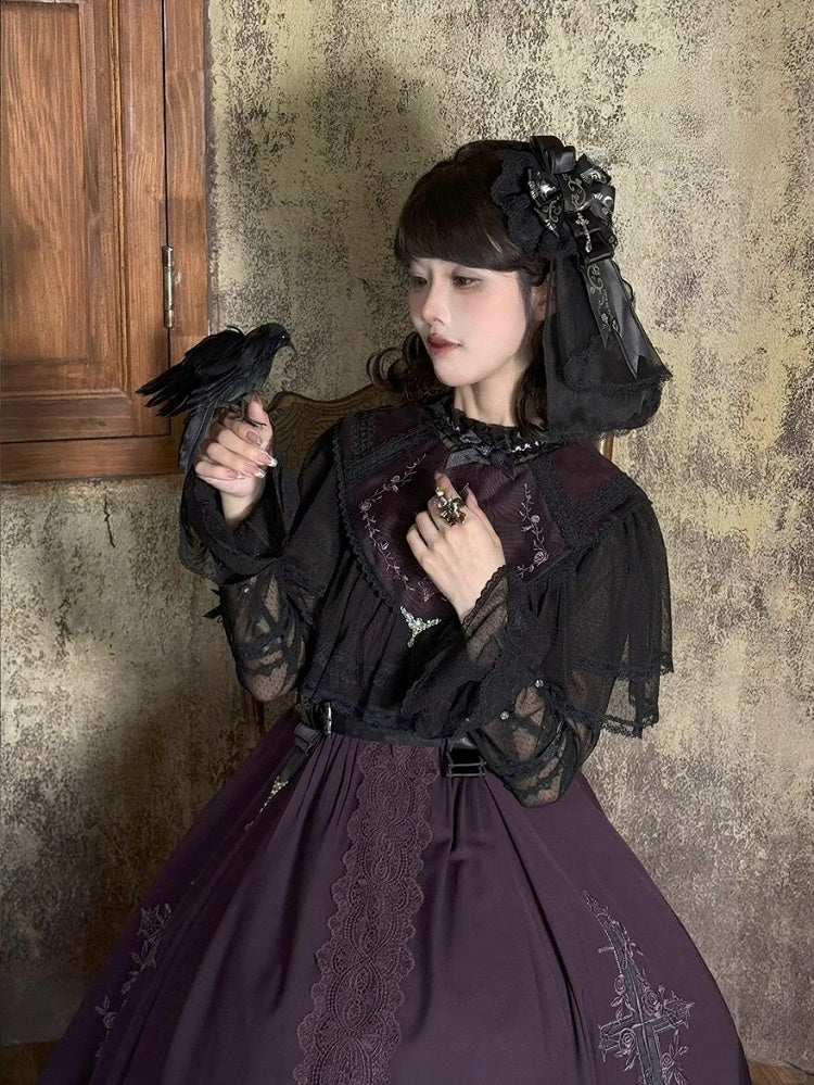 Black Ruffle Cuff Lace Long-Sleeve Shirt - iris de nuit