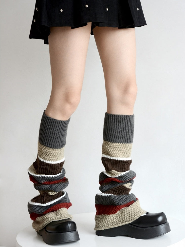 Color-Block Knitted Pattern Leg Retro Striped Warmers Maillard