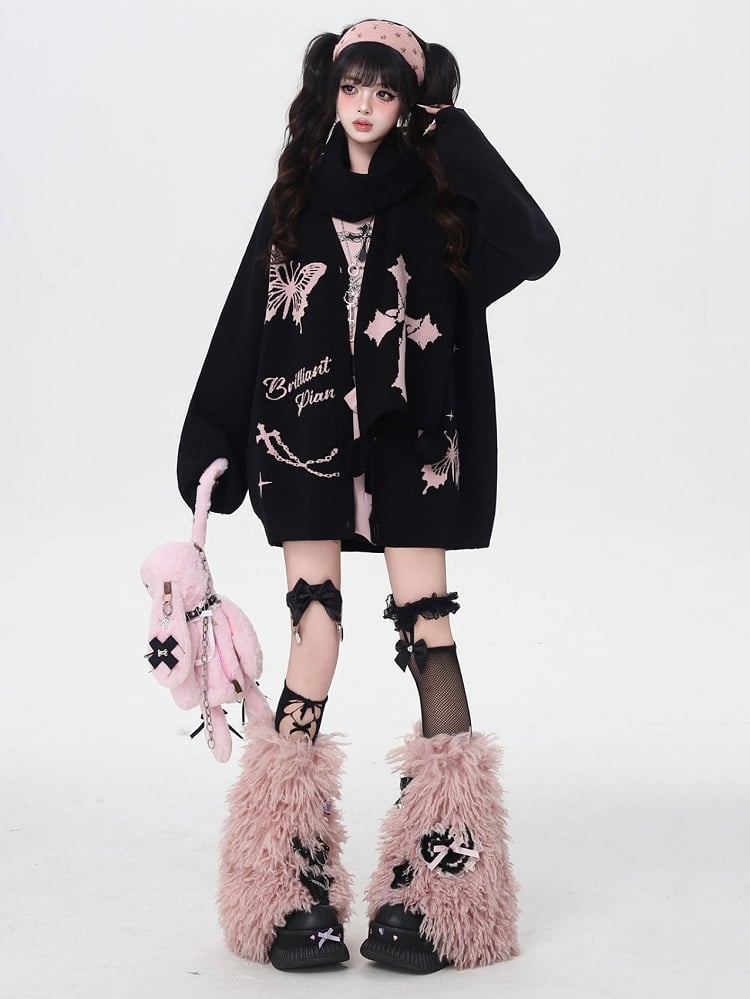 Cardigan Pompon Butterfly Scarf with - Bittersweet Charm Black/Pink Motifs Cross Set