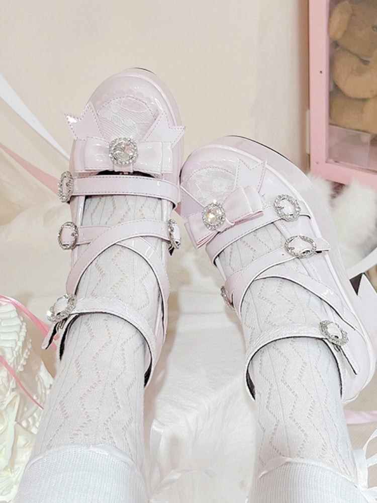 Polierte rosafarbene Jirai Kei Plateau-High-Block-Pumps mit Schleife und Strass