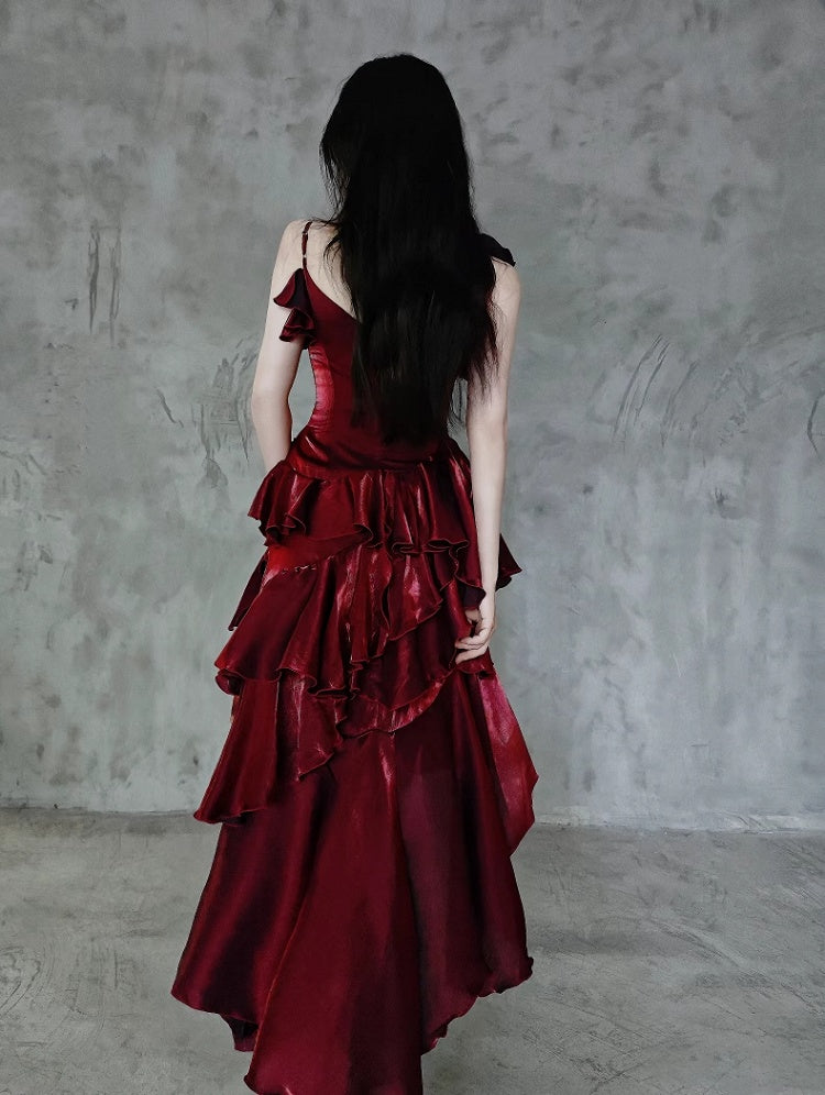 Evening Gown Red Shimmer Flounce Spaghetti Strap Prom - Eas Candy