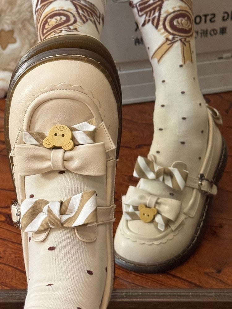 Pattern PU Details Off-white 2cm - Striped Shoes Bow Lolita Bear
