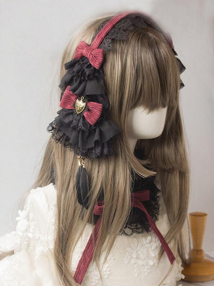 Black Hairclip Lace Feather Red Lolita Shield Gothic